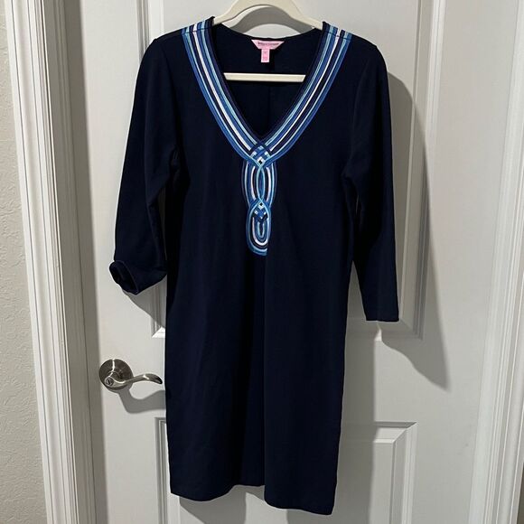 Lilly Pulitzer Clarkson True Navy Dress French Terry with White Accents SZ M - Picture 1 of 8